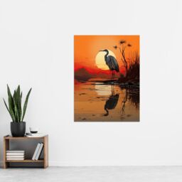 "Artery8 Wall Art Print Heron in Coastal Landscape Lake Sunset Red Orange Artwork Poster - Size: W18"" x H24""" - thumbnail 4