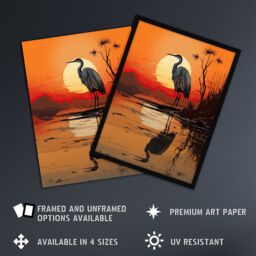 "Artery8 Wall Art Print Heron in Coastal Landscape Lake Sunset Red Orange Artwork Poster - Size: W18"" x H24""" - thumbnail 2