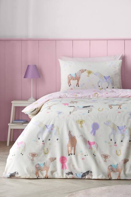 Catherine Lansfield 'Happy Horses' Reversible Duvet Cover Set in Cream - Size: Double - image 1