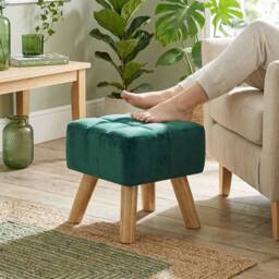HOMCOM Modern Footstool, Fabric Foot Rest with Rubber Wood Legs, Dark Green - thumbnail 1