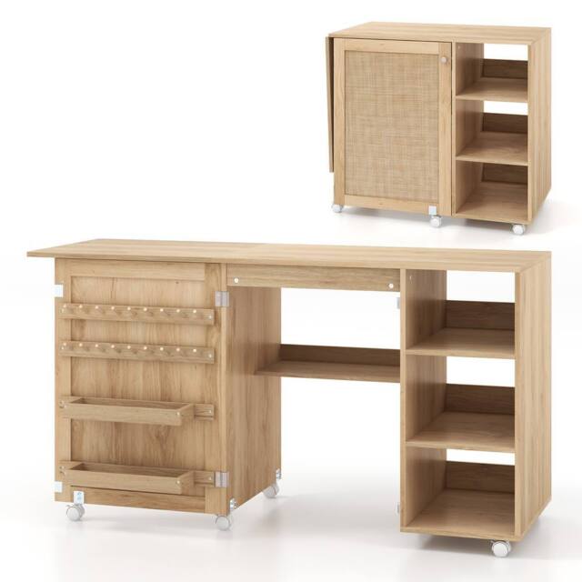 Costway Folding Sewing Table Sewing Machine Craft Station w/18 Pegs&2 Bins in Natural - image 1