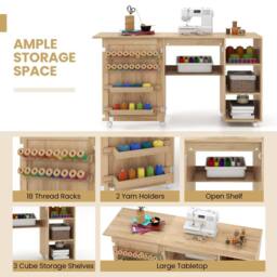 Costway Folding Sewing Table Sewing Machine Craft Station w/18 Pegs&2 Bins in Natural - thumbnail 4