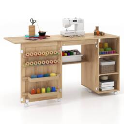 Costway Folding Sewing Table Sewing Machine Craft Station w/18 Pegs&2 Bins in Natural - thumbnail 7