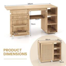Costway Folding Sewing Table Sewing Machine Craft Station w/18 Pegs&2 Bins in Natural - thumbnail 2