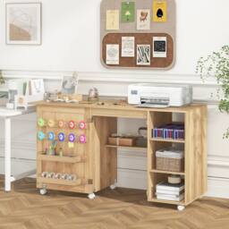 Costway Folding Sewing Table Sewing Machine Craft Station w/18 Pegs&2 Bins in Natural - thumbnail 9