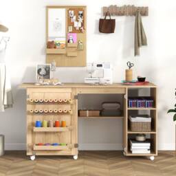 Costway Folding Sewing Table Sewing Machine Craft Station w/18 Pegs&2 Bins in Natural - thumbnail 3