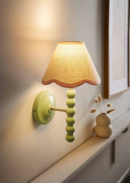 ValueLights Bobbins Sage Green Bobble Wall Light & Linen Pastel Trim Lamp Shade in Pale Pink - image 1