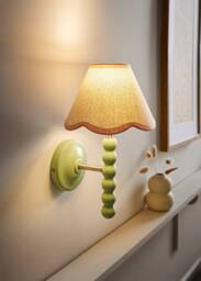ValueLights Bobbins Sage Green Bobble Wall Light & Linen Pastel Trim Lamp Shade in Pale Pink - thumbnail 1