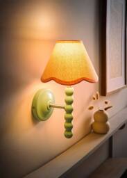 ValueLights Bobbins Sage Green Bobble Wall Light & Linen Pastel Trim Lamp Shade in Pale Pink - thumbnail 2