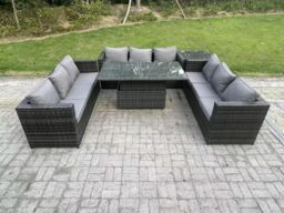 Fimous 9 Seater Outdoor Rattan Garden Furniture Sofa Set Patio Adjustable Rising Lifting Dining Table Set in Dark Grey - thumbnail 1