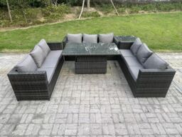 Fimous 9 Seater Outdoor Rattan Garden Furniture Sofa Set Patio Adjustable Rising Lifting Dining Table Set in Dark Grey - thumbnail 2