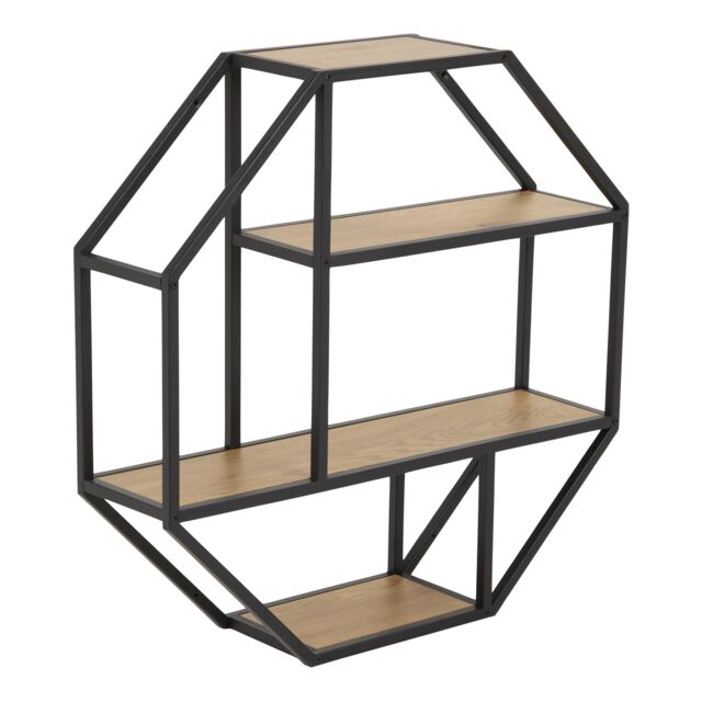 Furniture To Go Seaford Octagonal Metal Wall Shelf in Black & Oak - image 1
