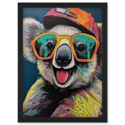 Artery8 Happy Koala Bear Sunglasses & Hat Modern Pop Art Artwork Framed Wall Art Print A4 in Black - thumbnail 1
