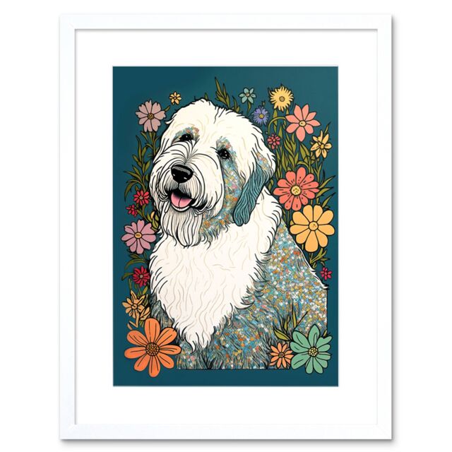 "Artery8 Wall Art Print English Sheepdog with Multicolour Daisies Bright Flowers Modern Artwork Framed 9X7 Inch in White - Size: W7"" x H9""" - image 1