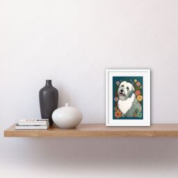 "Artery8 Wall Art Print English Sheepdog with Multicolour Daisies Bright Flowers Modern Artwork Framed 9X7 Inch in White - Size: W7"" x H9""" - thumbnail 2
