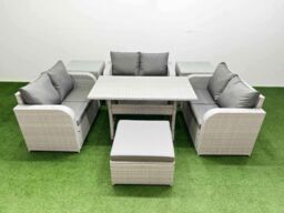 Fimous 7 Seater PE Wicker Rattan Furniture Sofa Sets with Rectangular Dining Table 2 Seater Love Sofa Big Footstool 2 Side Table Light Grey - thumbnail 1