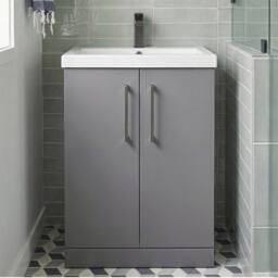 Balterley Modern Bathroom 2 Soft Close Door Vanity Unit Basin, Satin Grey, 600mm in Grey - thumbnail 5