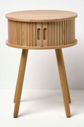 Homescapes Modern Side Table, Round Cabinet with Sliding Tambour Doors, 45cm in Natural - thumbnail 1