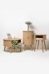 Homescapes Modern Side Table, Round Cabinet with Sliding Tambour Doors, 45cm in Natural - thumbnail 6