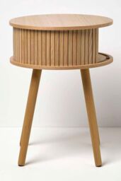 Homescapes Modern Side Table, Round Cabinet with Sliding Tambour Doors, 45cm in Natural - thumbnail 3