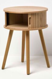 Homescapes Modern Side Table, Round Cabinet with Sliding Tambour Doors, 45cm in Natural - thumbnail 2