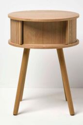 Homescapes Modern Side Table, Round Cabinet with Sliding Tambour Doors, 45cm in Natural - thumbnail 4