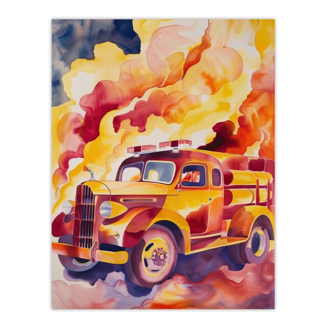 "Artery8 Fire Truck on Fire Orange Lilac Red Watercolour Wall Art Print - Size: W18"" x H24""" - image 1
