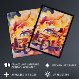 "Artery8 Fire Truck on Fire Orange Lilac Red Watercolour Wall Art Print - Size: W18"" x H24""" - thumbnail 2