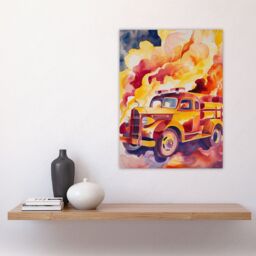 "Artery8 Fire Truck on Fire Orange Lilac Red Watercolour Wall Art Print - Size: W18"" x H24""" - thumbnail 4