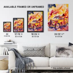 "Artery8 Fire Truck on Fire Orange Lilac Red Watercolour Wall Art Print - Size: W18"" x H24""" - thumbnail 3