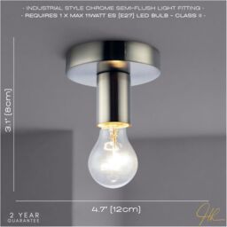 Happy Homewares Compact Ceiling or Wall Light Fitting for Industrial Style Light Bulbs in Metallic Silver - thumbnail 5