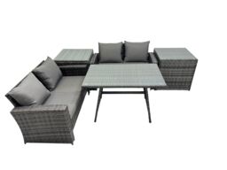 Fimous 4 Seater Outdoor Dining Table Double Seat Sofa 2 Side Table Set in Dark Grey - thumbnail 1