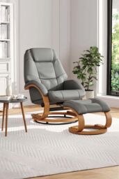 Living and Home Contemporary Leather Soft Recliner with Footstool in Grey - thumbnail 1