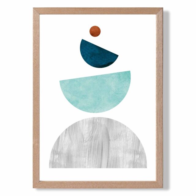 ARTZE Grey & Teal Circles Mid Century Geometric Framed Print SIZE: A2 with Oak Frame - image 1