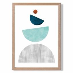 ARTZE Grey & Teal Circles Mid Century Geometric Framed Print SIZE: A2 with Oak Frame - thumbnail 1