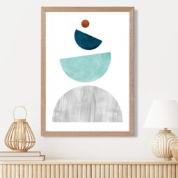 ARTZE Grey & Teal Circles Mid Century Geometric Framed Print SIZE: A2 with Oak Frame - thumbnail 2