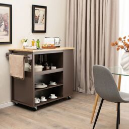Costway Kitchen Island Rolling Storage Trolley Cart Cupboard With 4 Adjustable Shelves in Brown - thumbnail 4