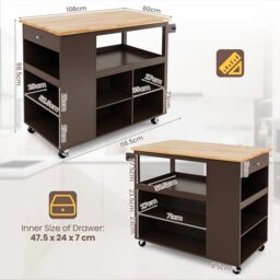 Costway Kitchen Island Rolling Storage Trolley Cart Cupboard With 4 Adjustable Shelves in Brown - thumbnail 2