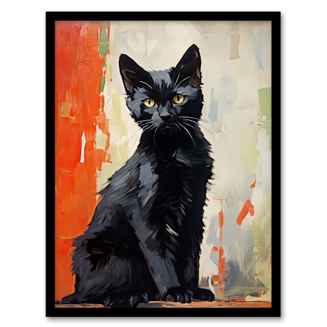 Artery8 Wall Art Print Black Cat Orange Beige Green Chat Noir Stray Kitten Framed - Size: A4 - image 1