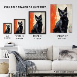 Artery8 Wall Art Print Black Cat Orange Beige Green Chat Noir Stray Kitten Framed - Size: A4 - thumbnail 3