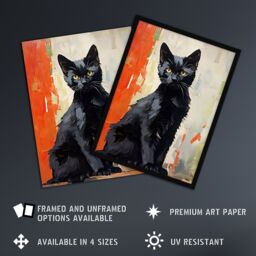 Artery8 Wall Art Print Black Cat Orange Beige Green Chat Noir Stray Kitten Framed - Size: A4 - thumbnail 2
