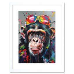 "Artery8 Wall Art Print Chimpanzee With Rainbow Sunglasses Modern Pop Artwork Framed 9X7 Inch in White - Size: W7"" x H9""" - thumbnail 1