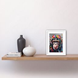 "Artery8 Wall Art Print Chimpanzee With Rainbow Sunglasses Modern Pop Artwork Framed 9X7 Inch in White - Size: W7"" x H9""" - thumbnail 2