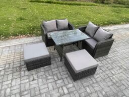 Fimous Outdoor Garden Furniture Sets 5 Pieces Wicker Rattan Furniture Sofa Sets with Rectangular Dining Table Love Sofa in Dark Grey - thumbnail 2