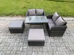 Fimous Outdoor Garden Furniture Sets 5 Pieces Wicker Rattan Furniture Sofa Sets with Rectangular Dining Table Love Sofa in Dark Grey - thumbnail 1