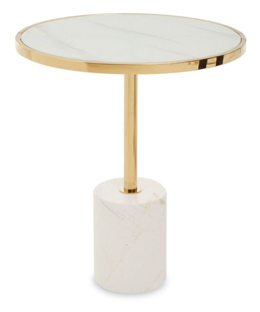 Orsina White Marble End Table, Round Marble Top & Base With Gold Stainless Steel Frame, Pedestal Side Table - image 1