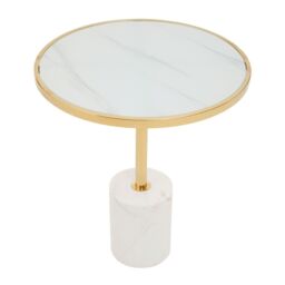 Orsina White Marble End Table, Round Marble Top & Base With Gold Stainless Steel Frame, Pedestal Side Table - thumbnail 2