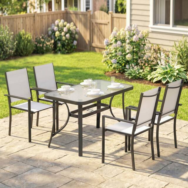 OUTSUNNY Garden Dining Set with Umbrella Hole, Stackable Chairs, Light Grey - Size: 120 - image 1