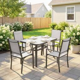 OUTSUNNY Garden Dining Set with Umbrella Hole, Stackable Chairs, Light Grey - Size: 120 - thumbnail 9