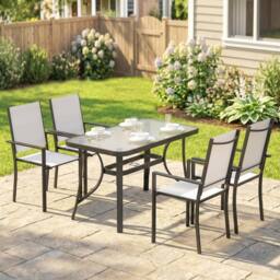 OUTSUNNY Garden Dining Set with Umbrella Hole, Stackable Chairs, Light Grey - Size: 120